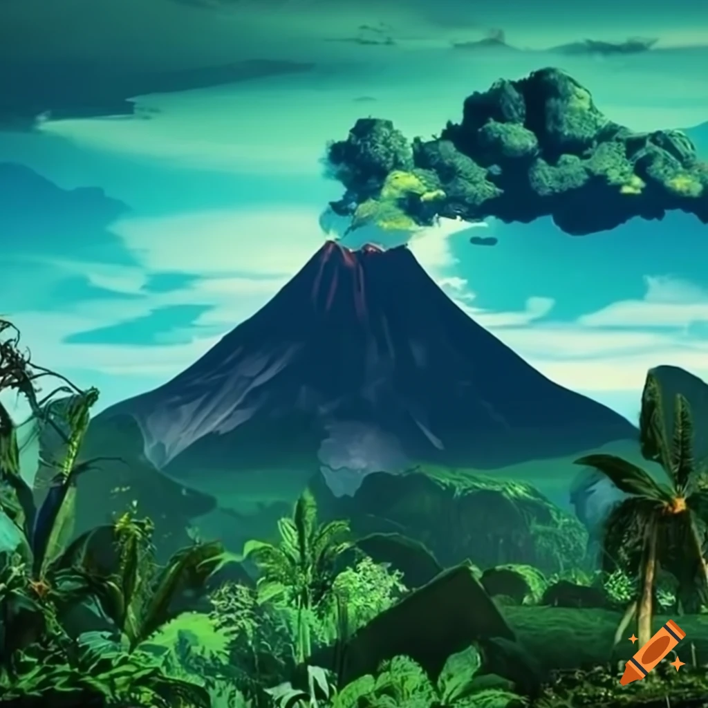 Jungle with a distant volcano