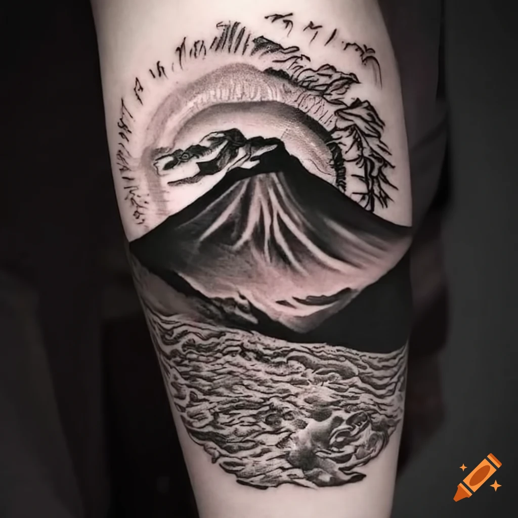 black and white volcano tattoo on a shin
