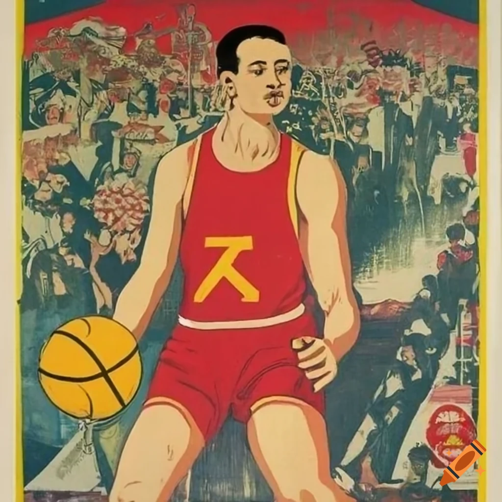 communist propaganda poster with hogweed and basketball player