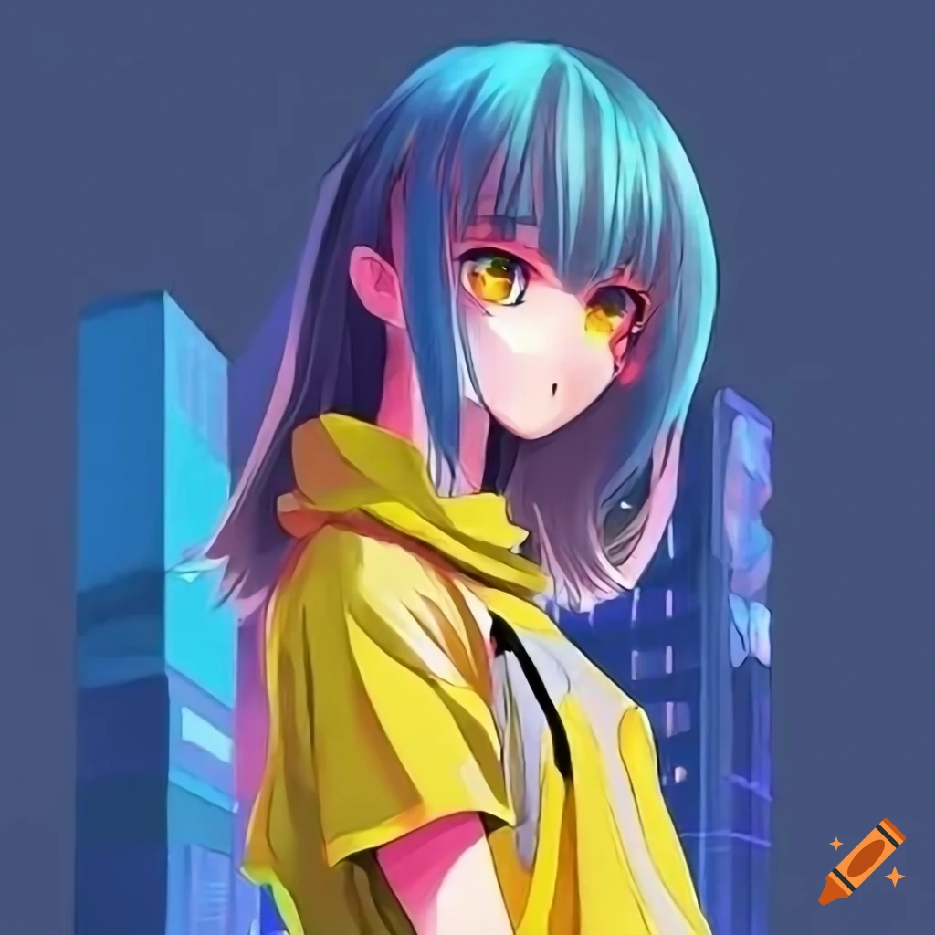 anime girl with yellow eyes and yellow clothes in front of a skyscraper