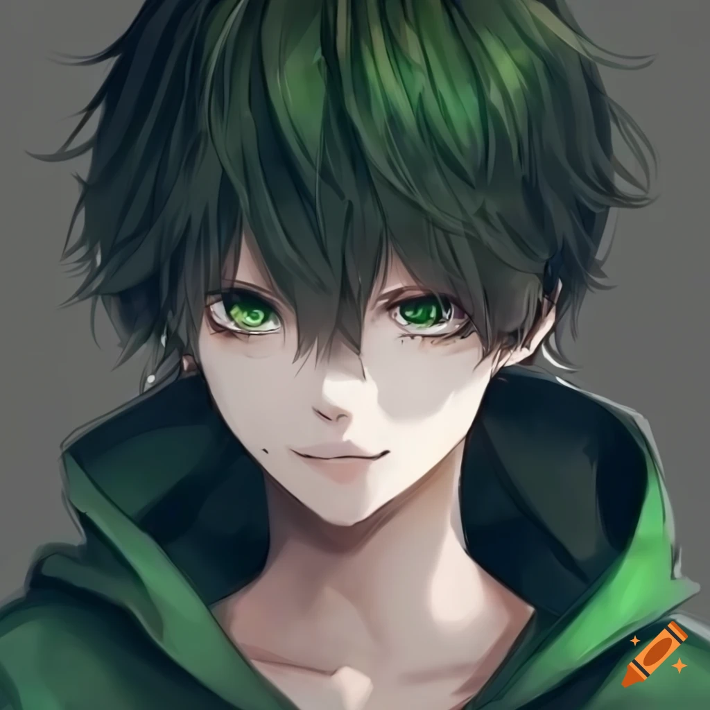 Anime boy with messy hair and green eyes on Craiyon
