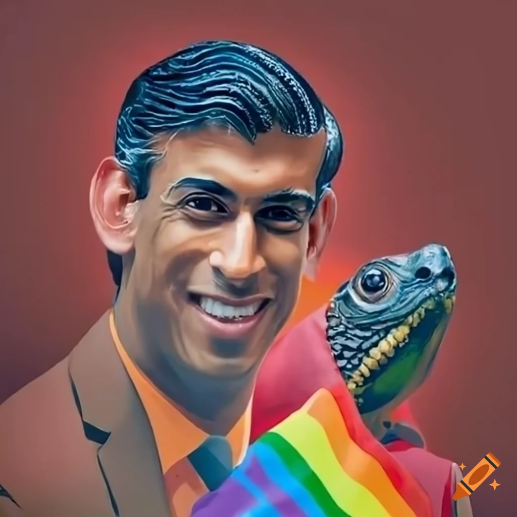 Rishi sunak holding a turtle at a pride parade on Craiyon