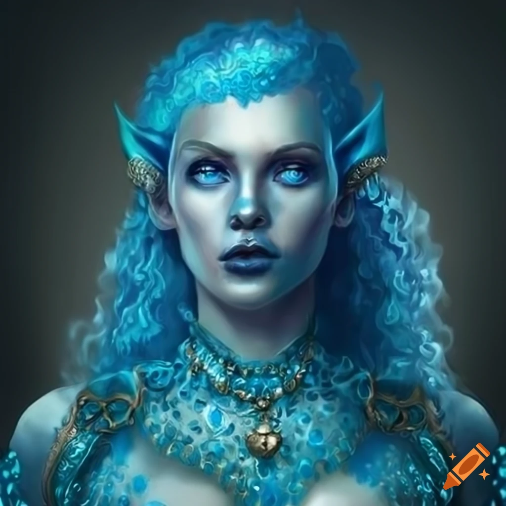 Portrait of a beautiful blue triton with royal clothing and gold ...
