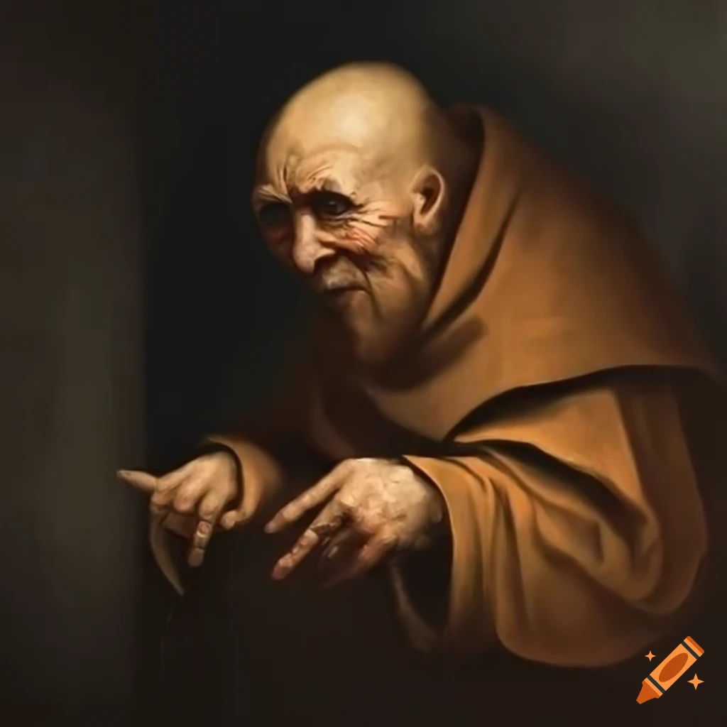 dark baroque painting of an old monk pointing downwards