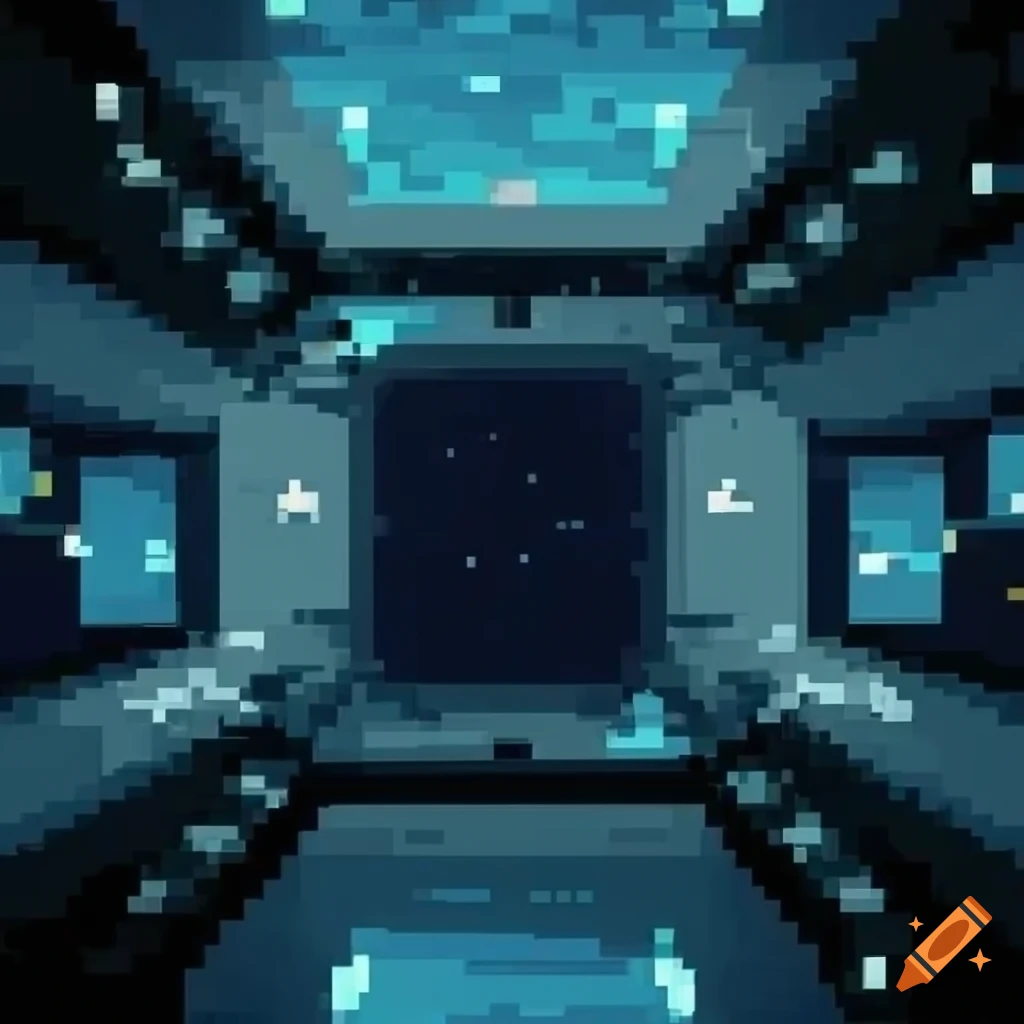 pixel art space ship interior view with panoramic windows