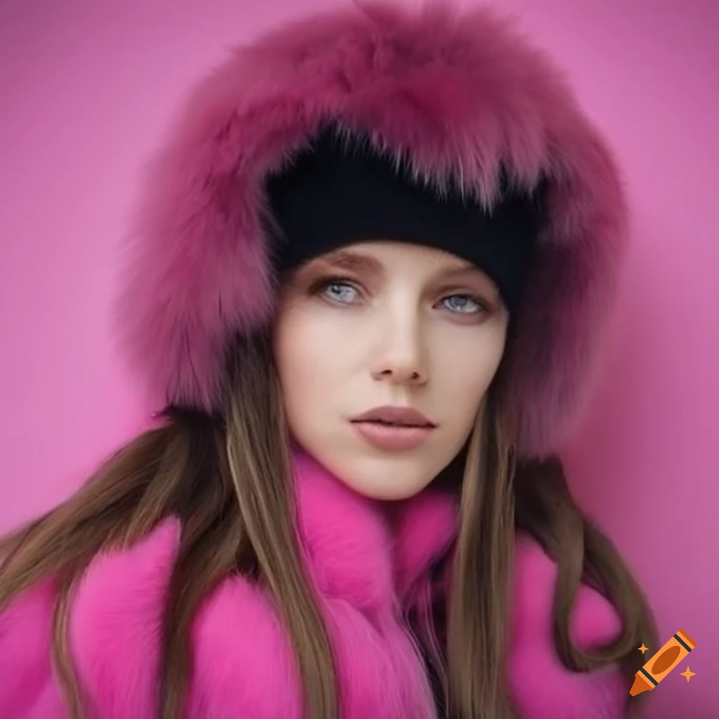 Pink fluffy ski outfit with black fur hat and sleep mask