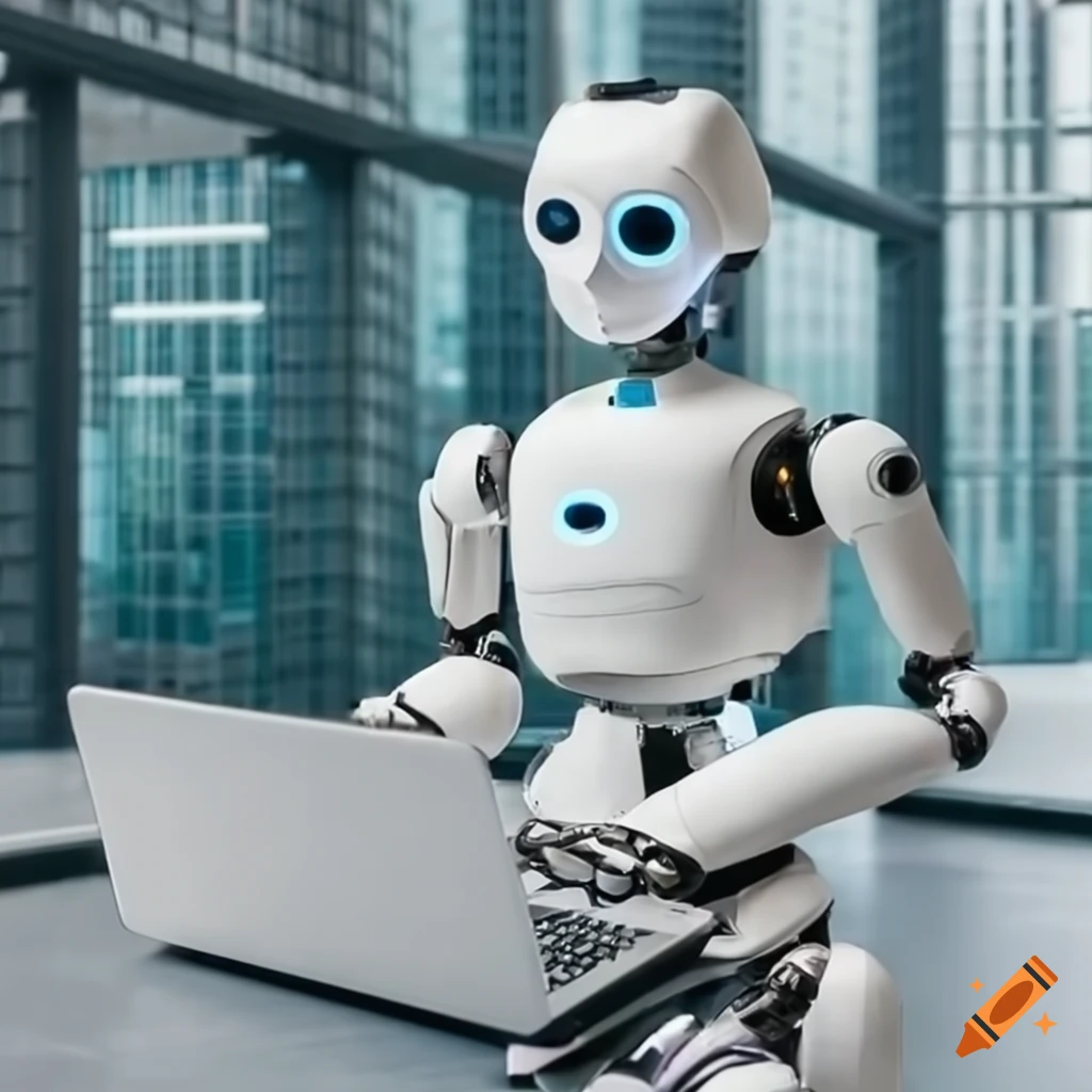 robot using a laptop in an office
