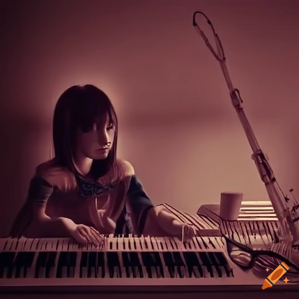 anime girl playing a synthesizer in sepia