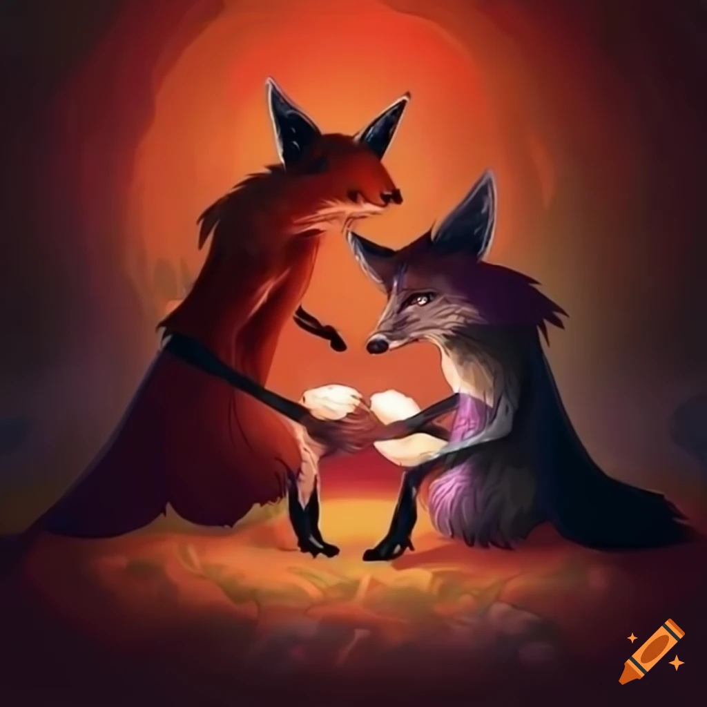 illustration of a witch and a fox in love