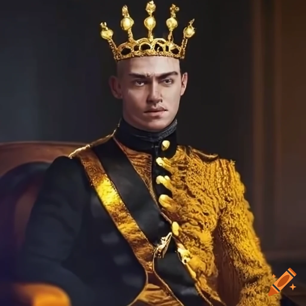 rey elegante con atuendo negro y corona de ámbar