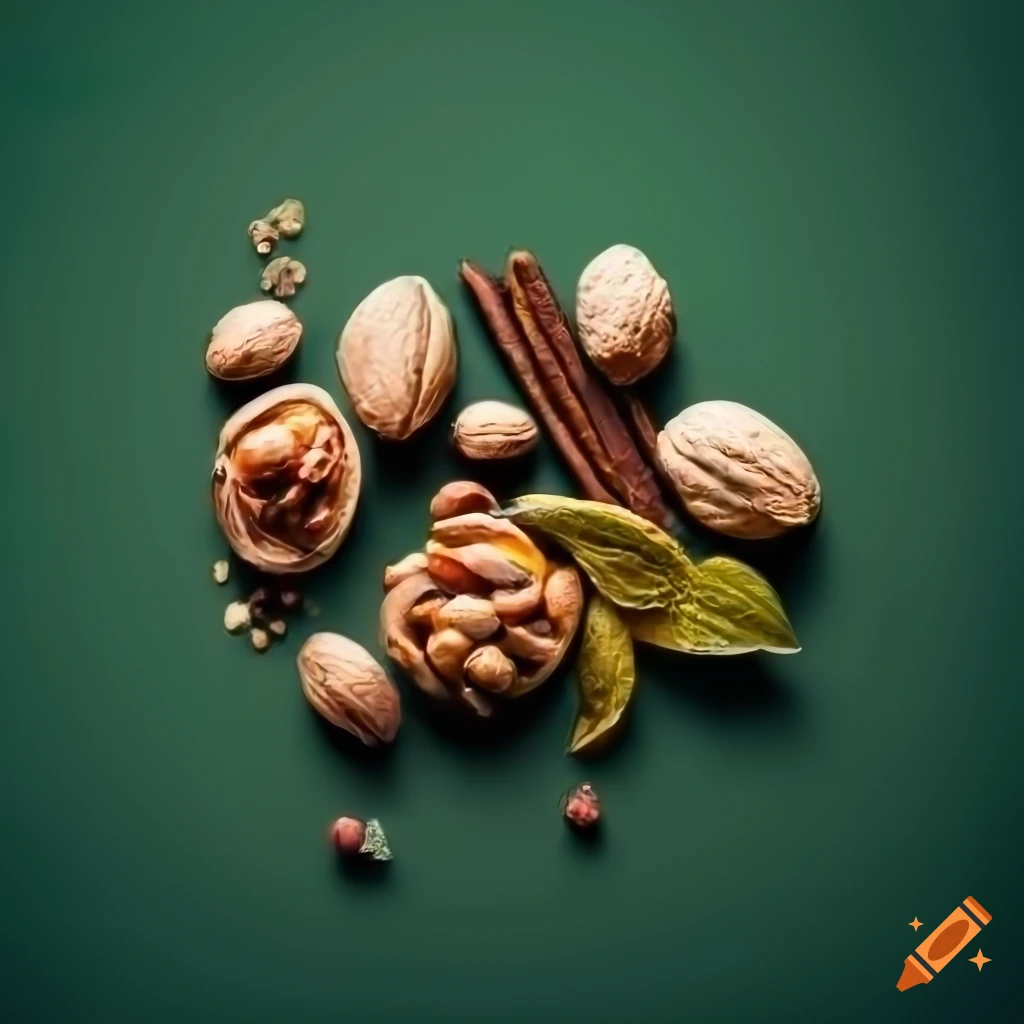 assorted nuts and spices on dark green background