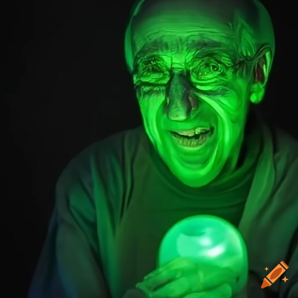 portrait of a laughing mad scientist with green glow