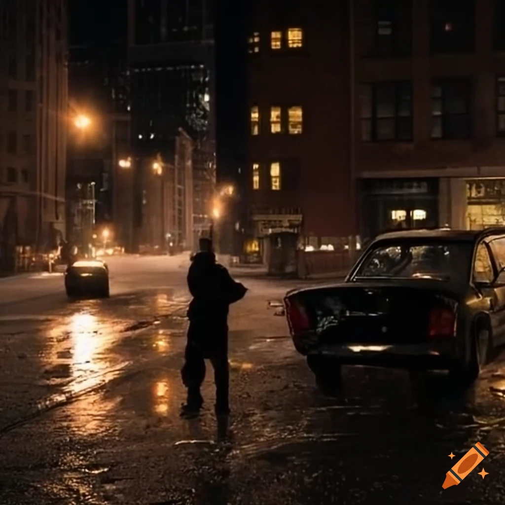 Noir-style depiction of detectives in a rainy New York City night on ...