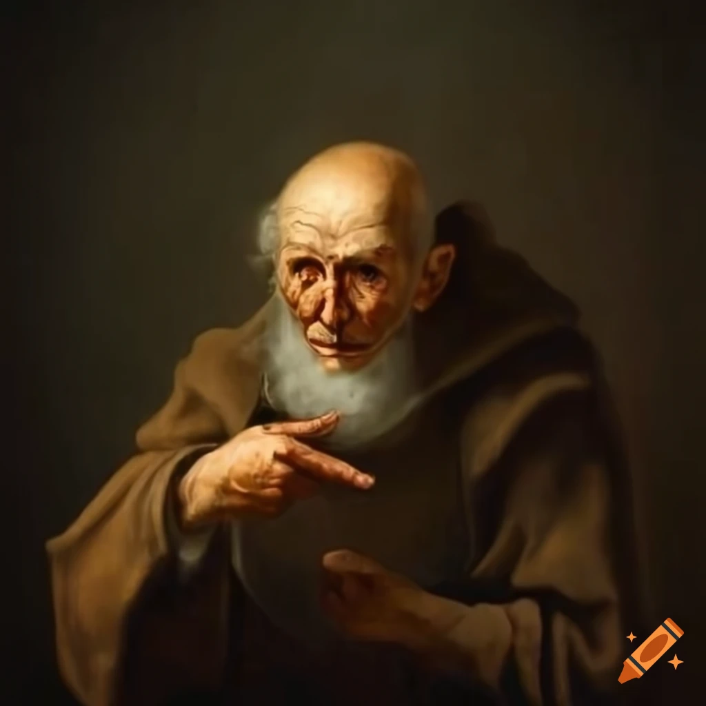 baroque painting of an old monk pointing downwards