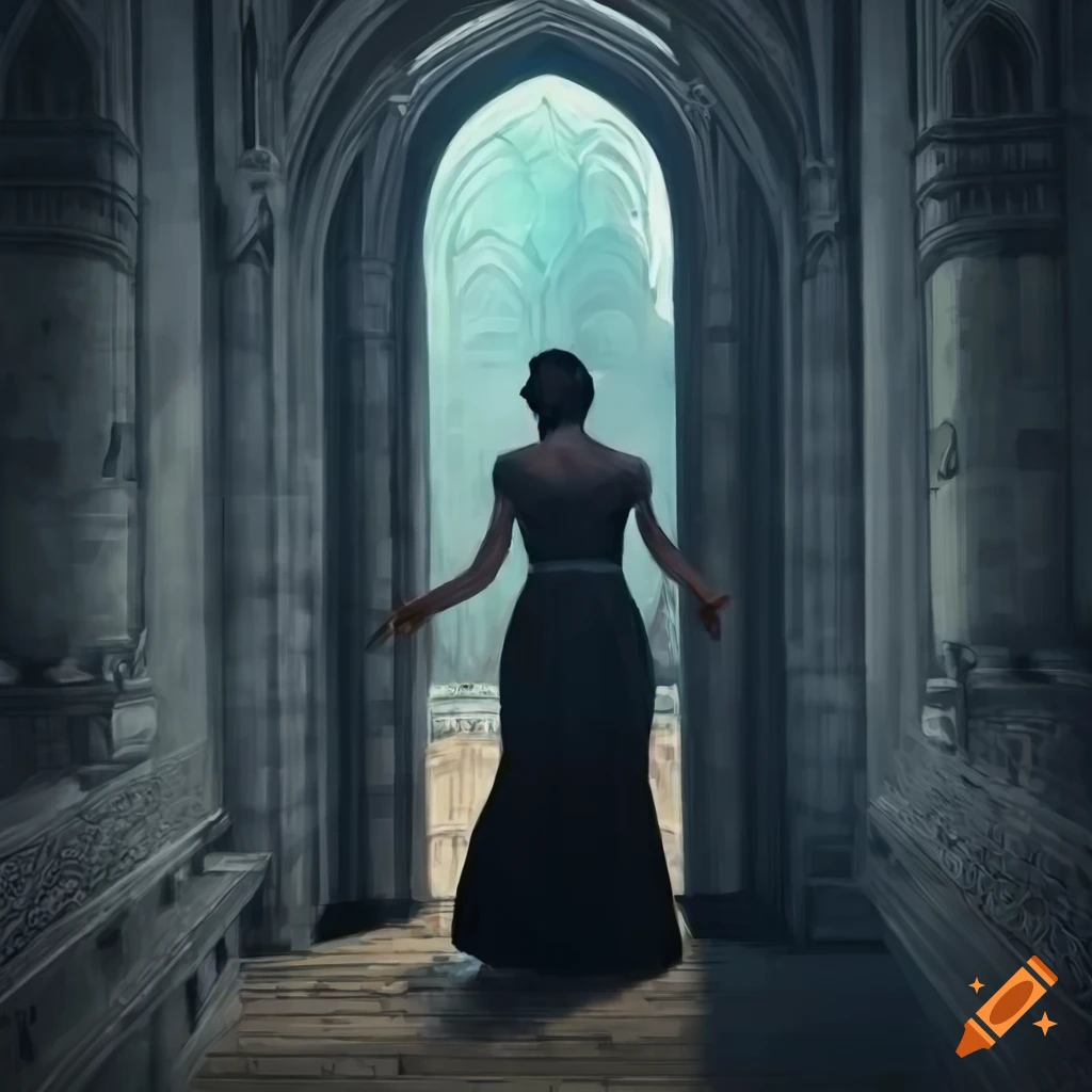 Woman in a gown running through a gothic castle corridor on Craiyon