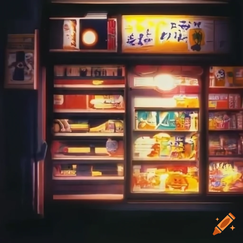 Interior of a vintage japanese anime convenience store