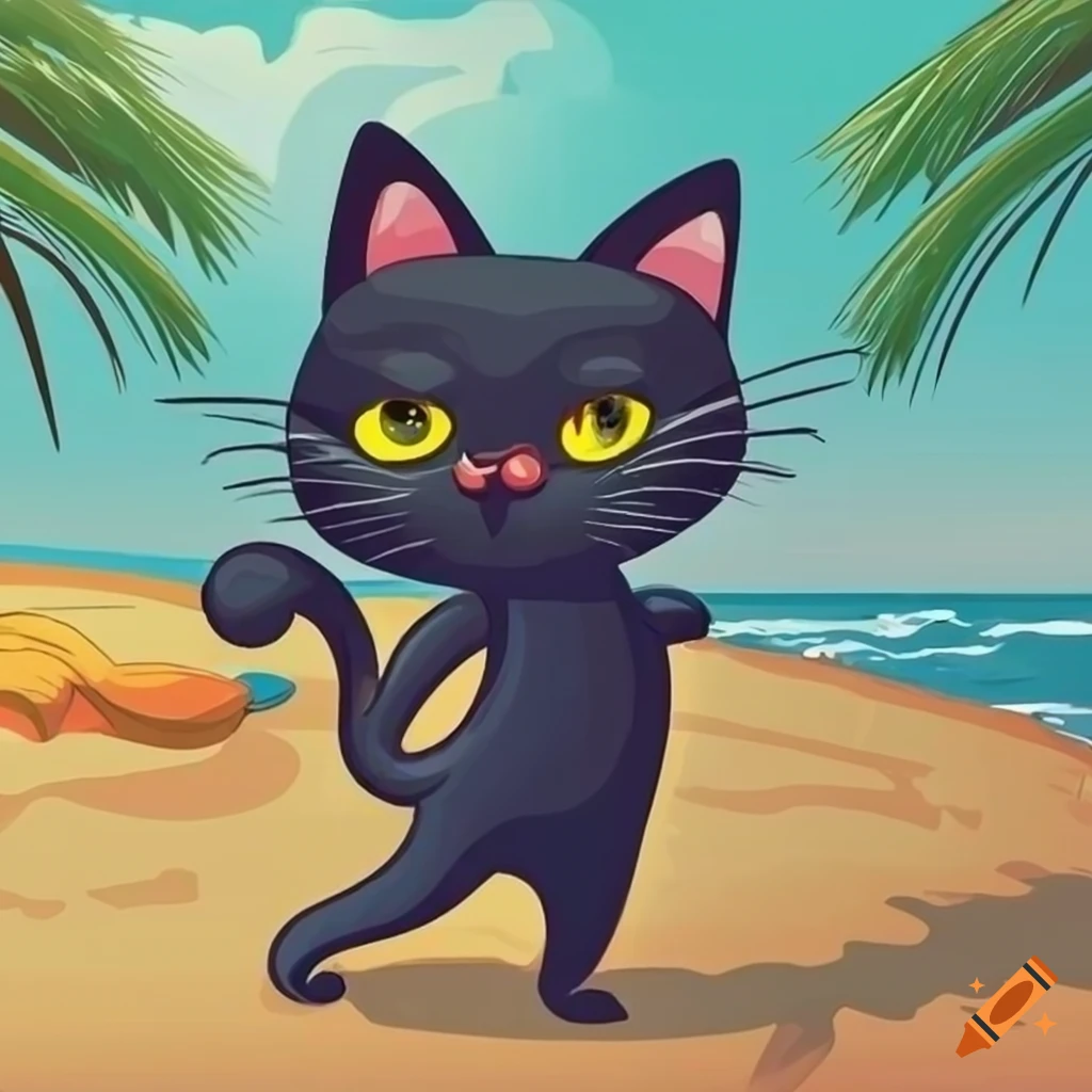 Cat in a straw hat on a black background with white dots, on the beach on  Craiyon