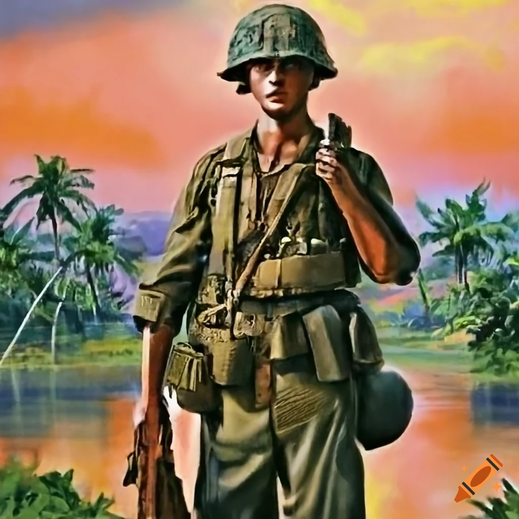 pointillism painting of a US marine on Guadalcanal