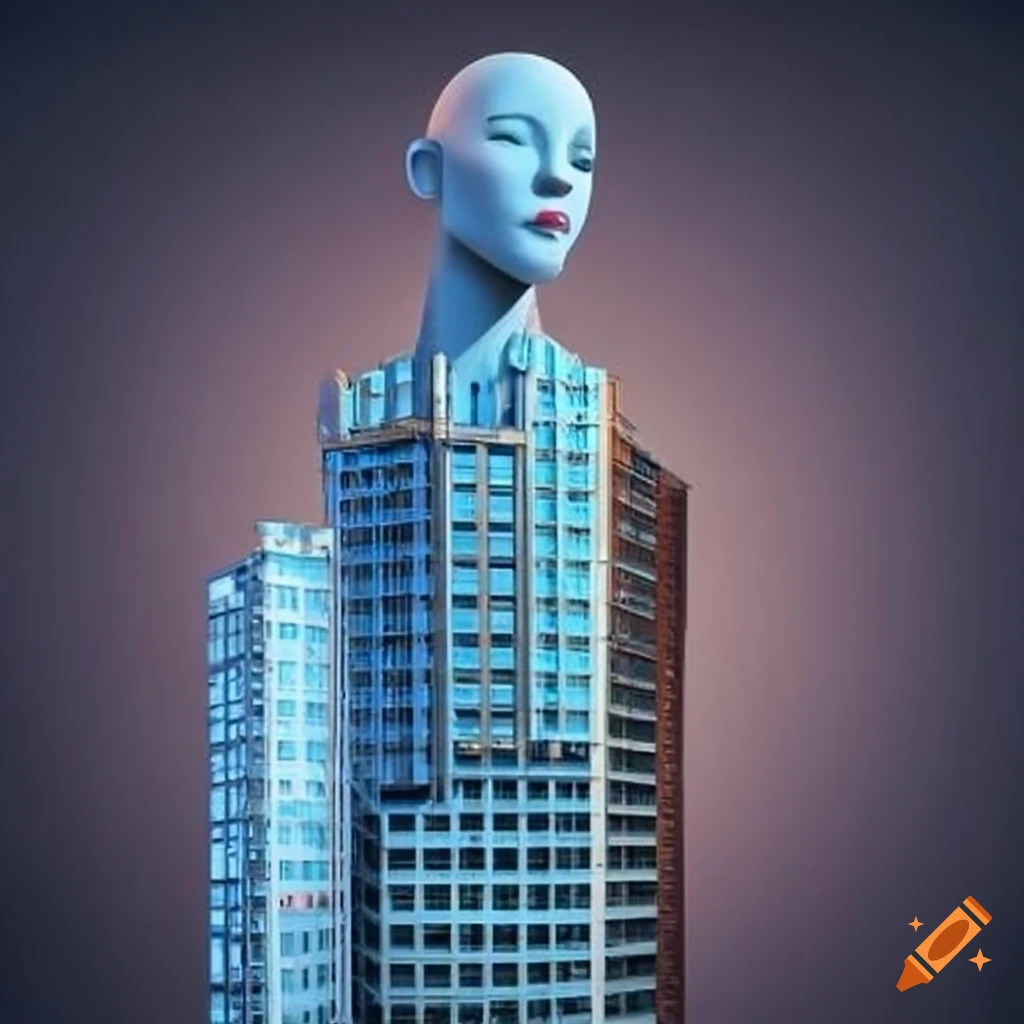 skyscraper and mannequin sculpture