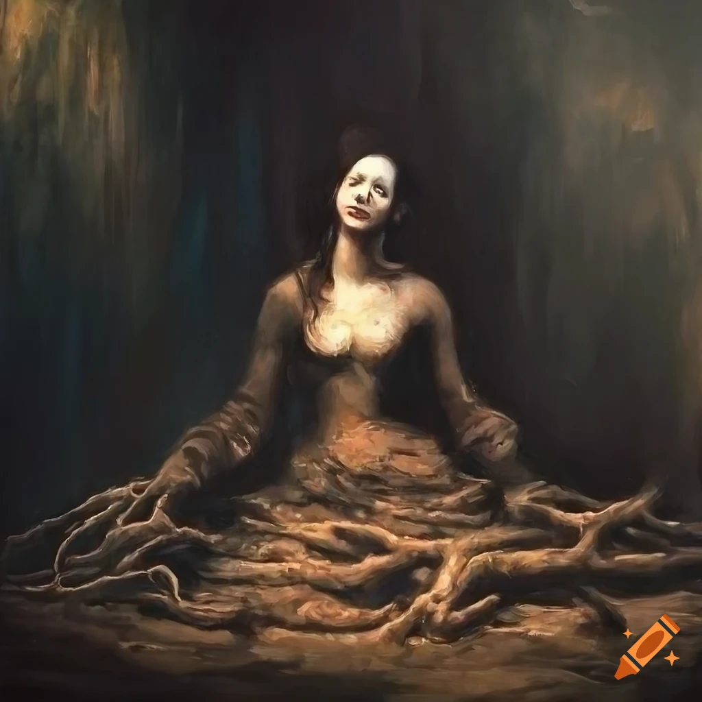Baroque-style oil painting of a woman sitting among tree roots on Craiyon