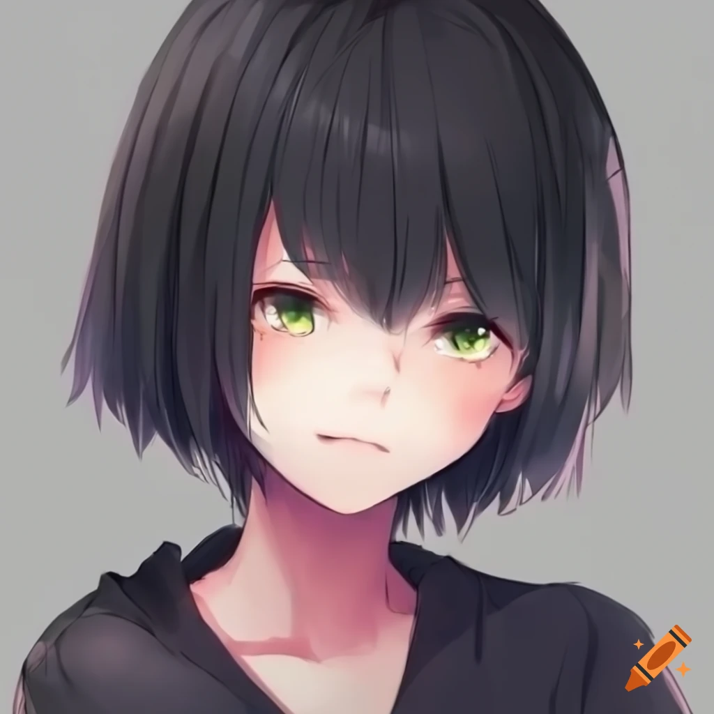Cute anime girl in black hoodie and green eyes Vector Image