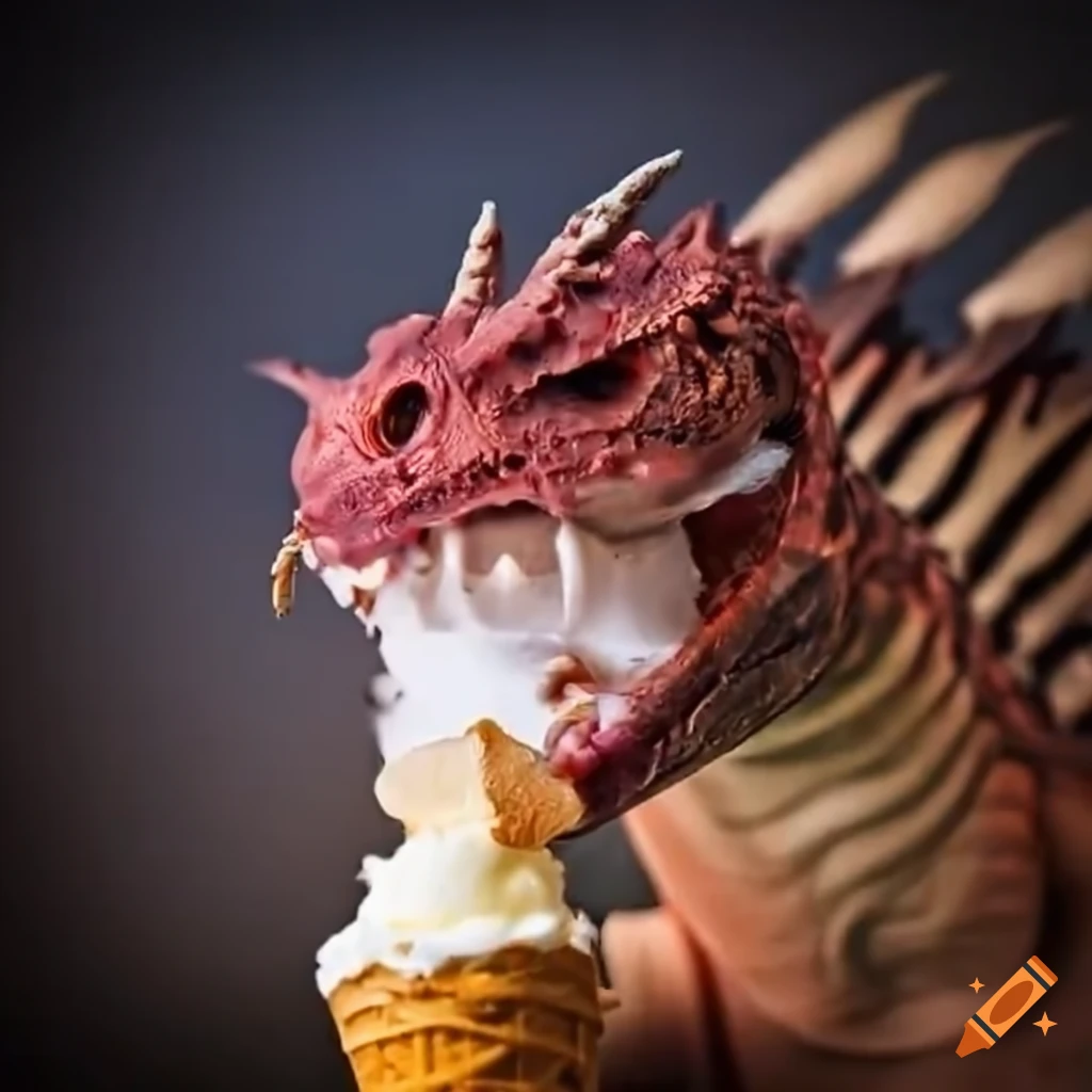 funny illustration of a dragon eating ice cream