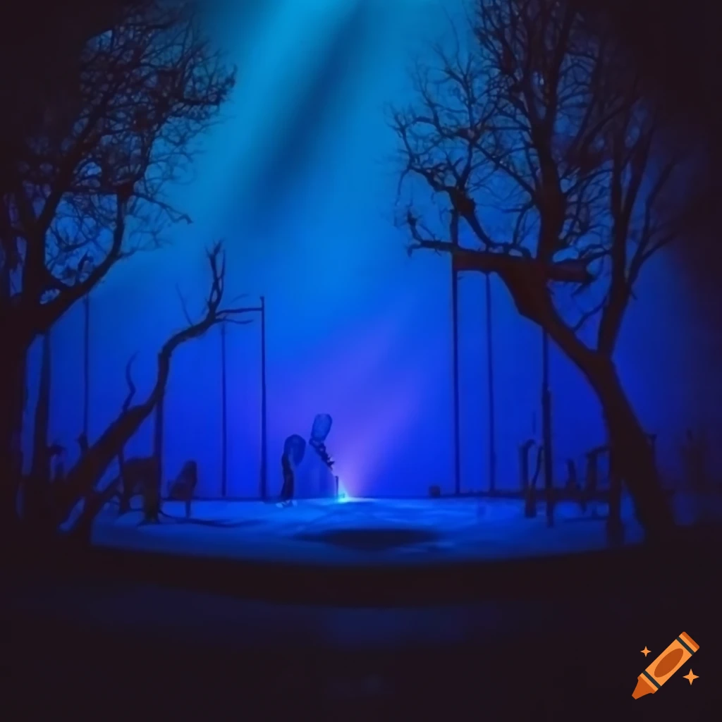 Stage design with blue lights and trees on Craiyon