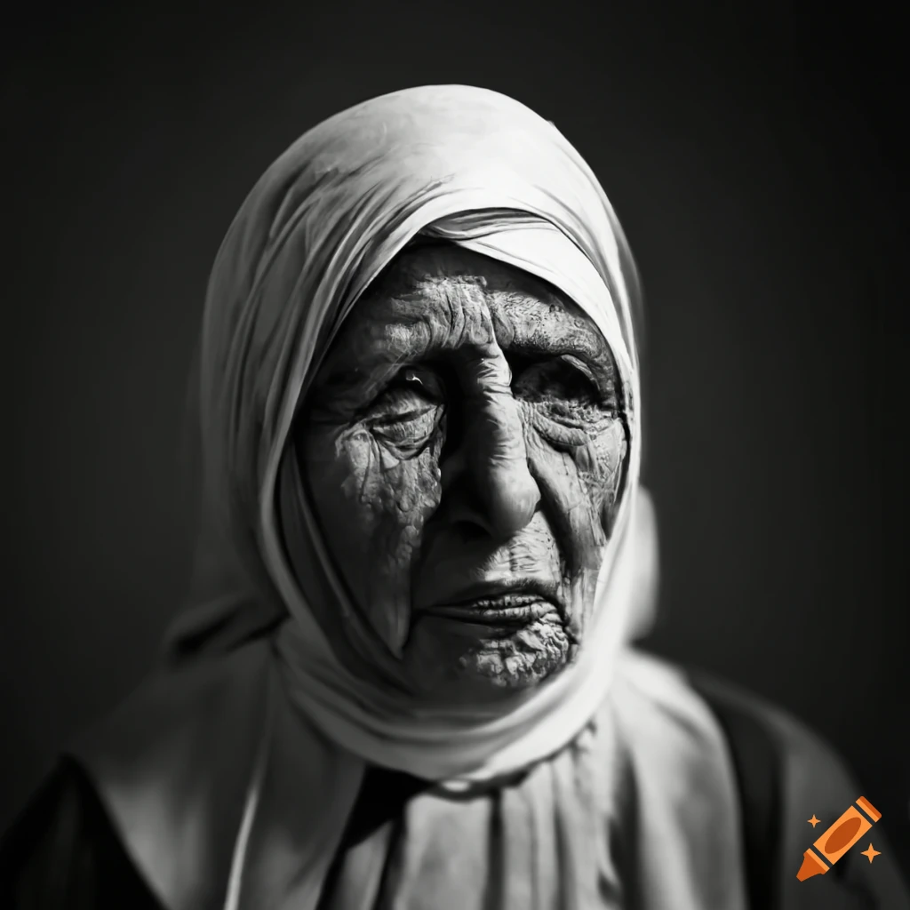 portrait of an elderly Palestinian woman beside a bombed mosque