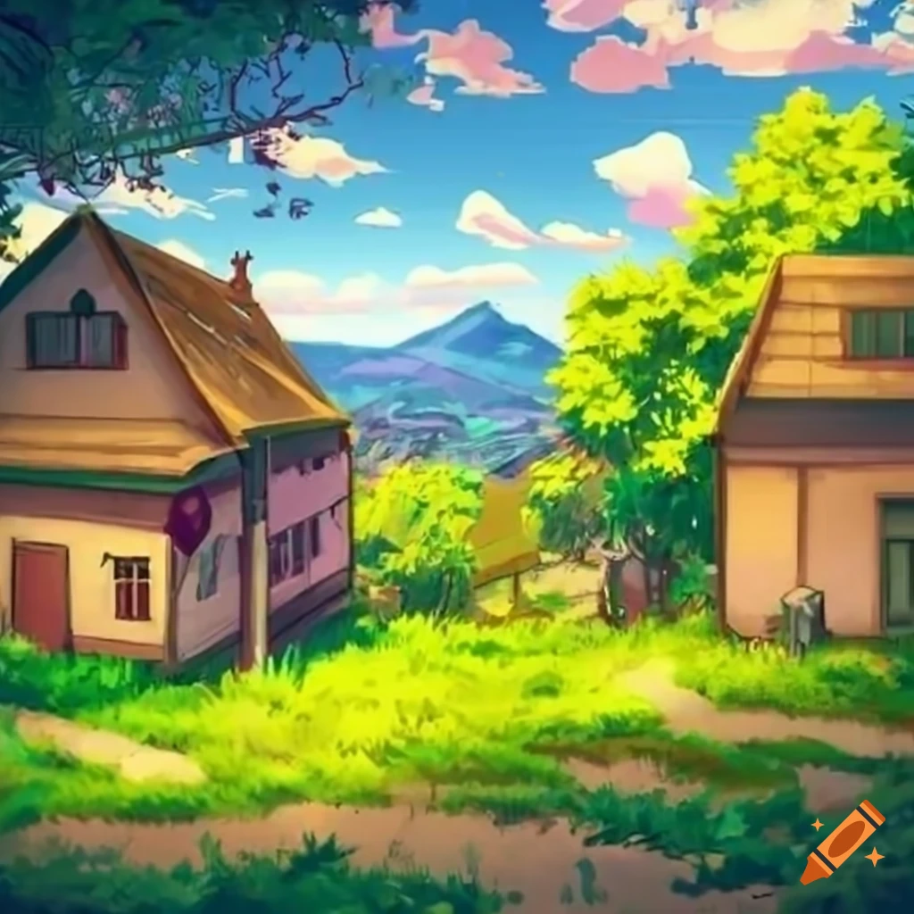 landscape with lake and village, anime cartoon style, wallpaper, background  Stock Illustration | Adobe Stock