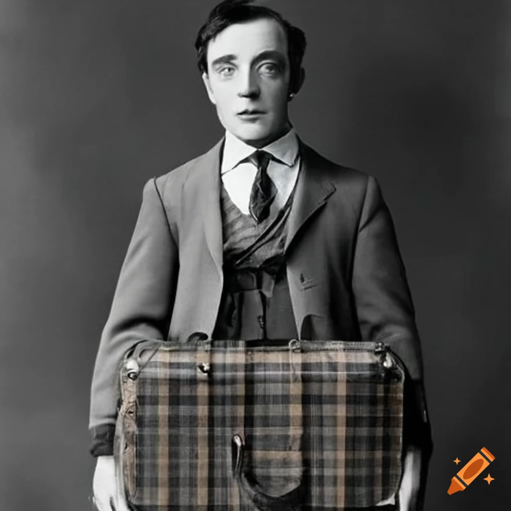 vintage photo of Buster Keaton with a plaid suitcase