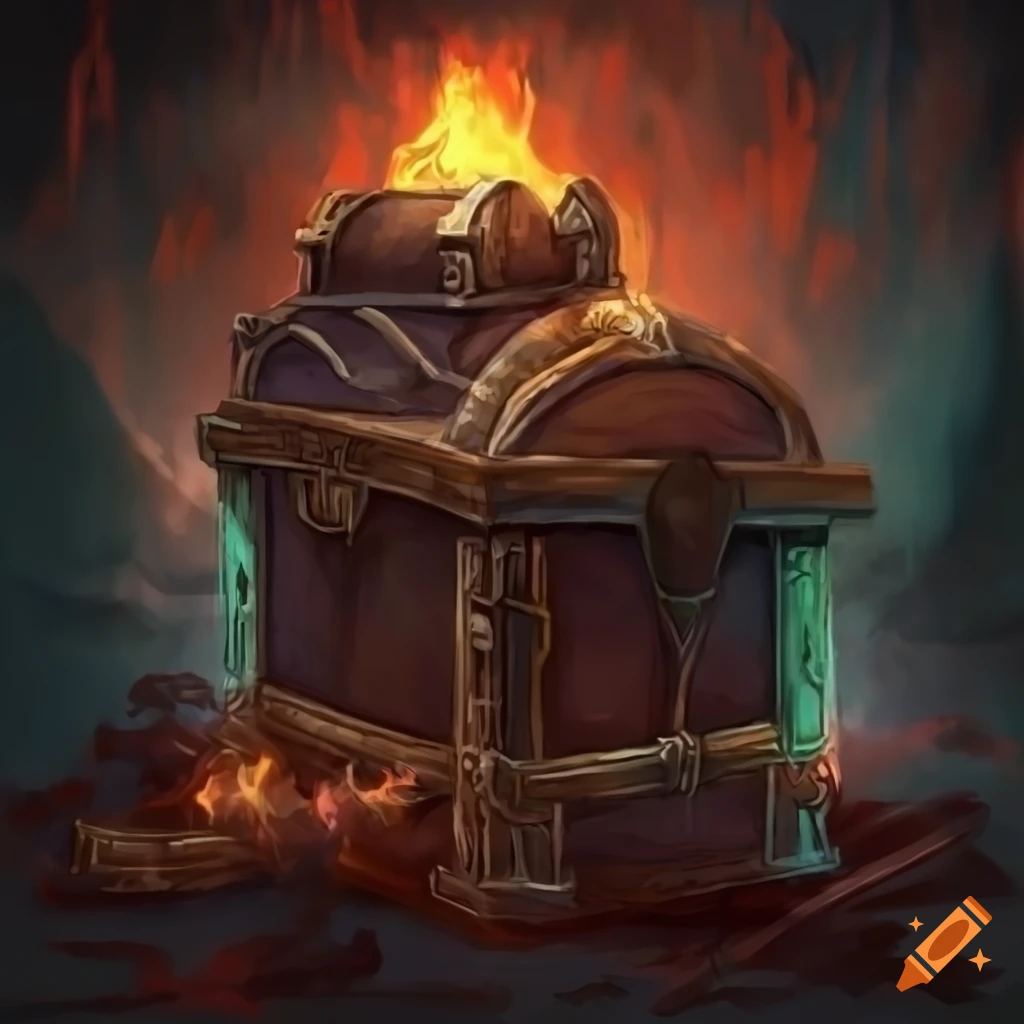 fantasy artwork of a looted chest amidst flames