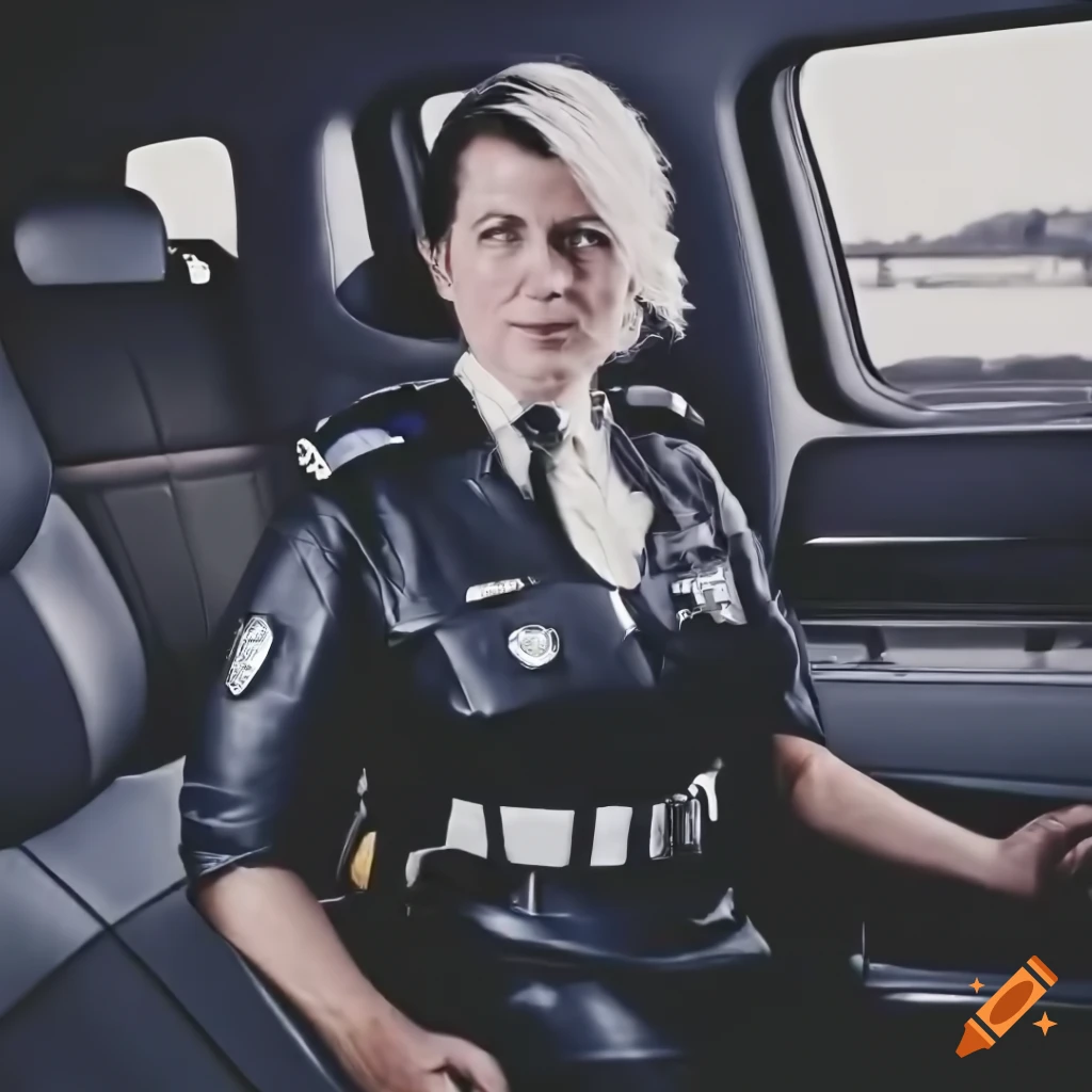 hyperrealistic portrait of a British policewoman sitting in a police car
