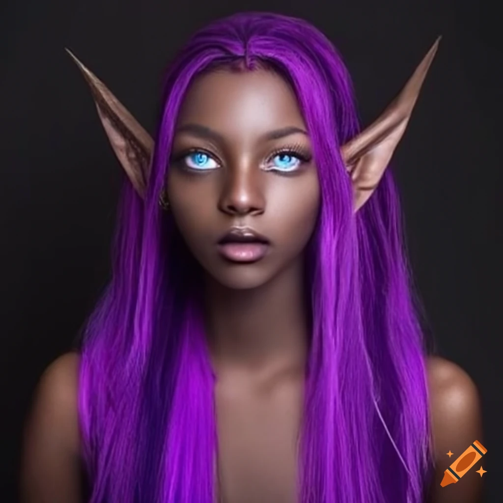 Character Design Of A Dark Skinned Elf Girl With Purple Hair And Blue Eyes On Craiyon 