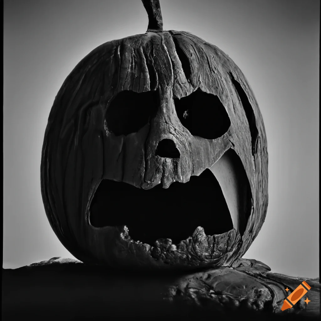 black and white image of a person wearing a carved pumpkin on their head