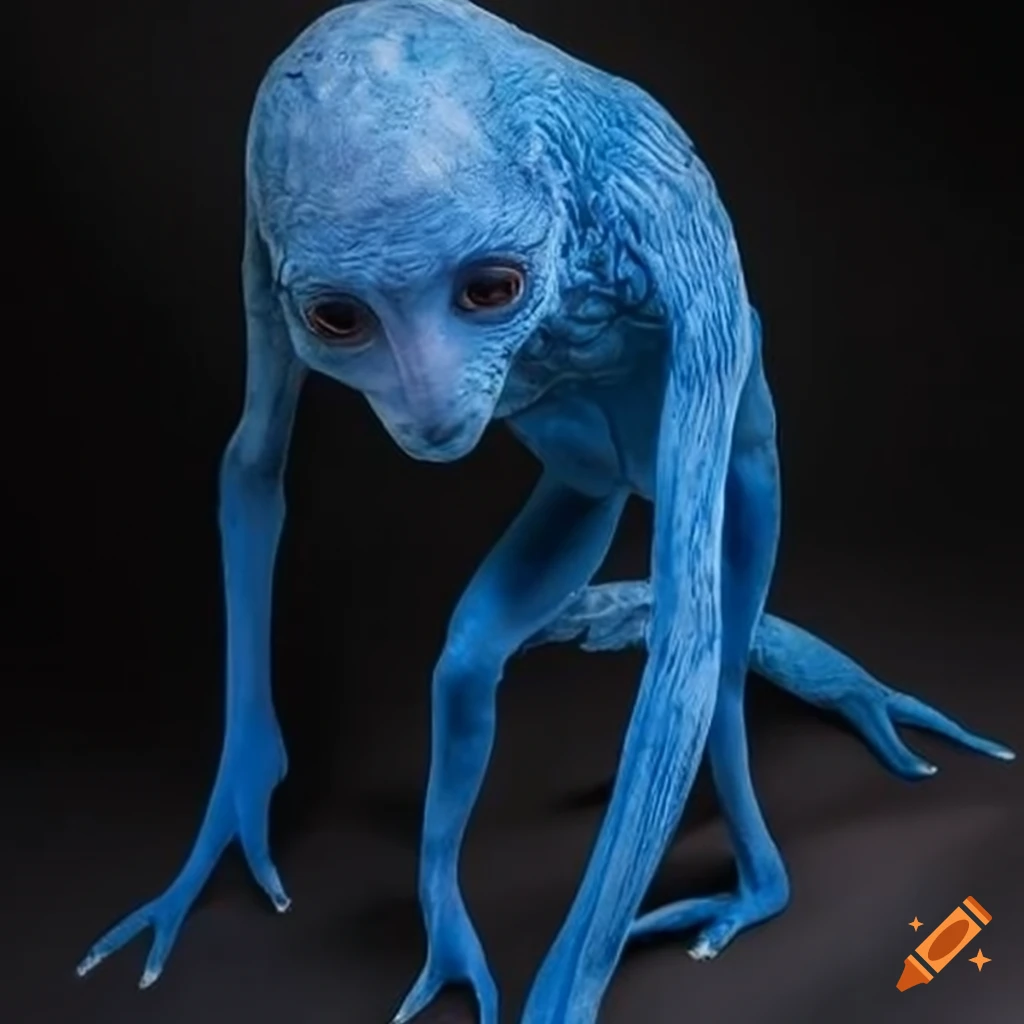 Blue-skinned extraterrestrial creature exploring a new world on Craiyon