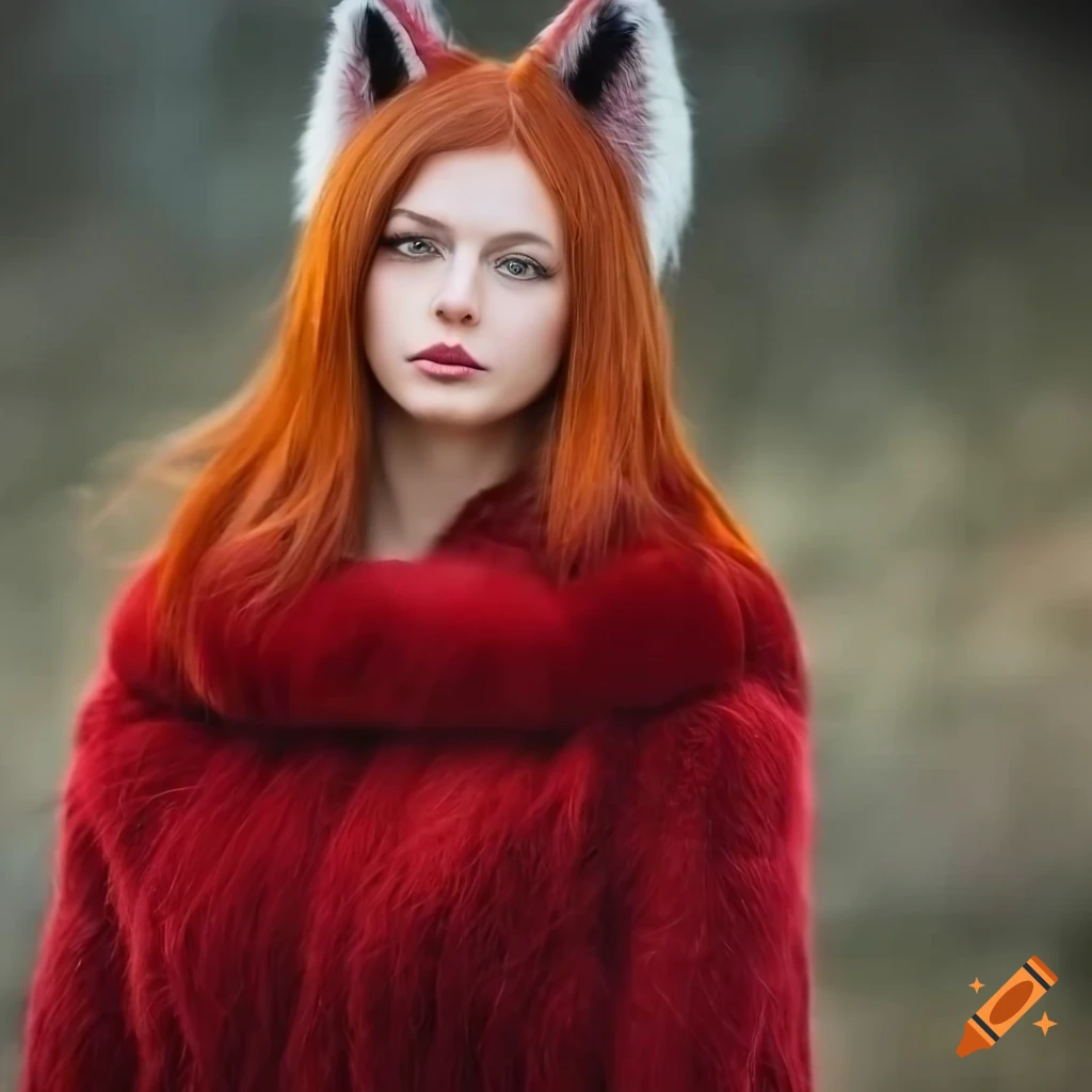 Woman With Green Eyes And Red Hair Wearing Fox Ear Headband And Fur Pullover On Craiyon