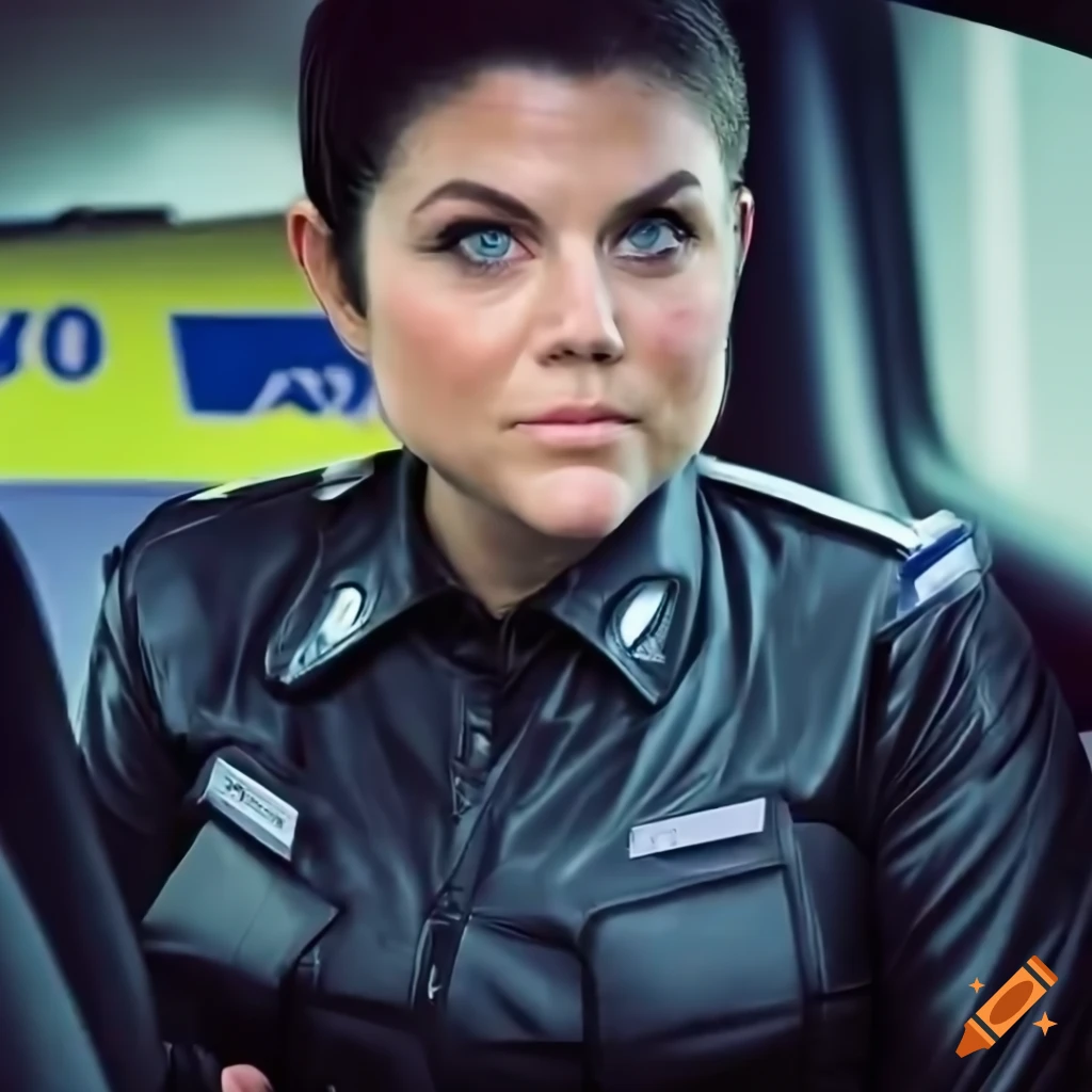 hyperrealistic depiction of a British policewoman in a police car