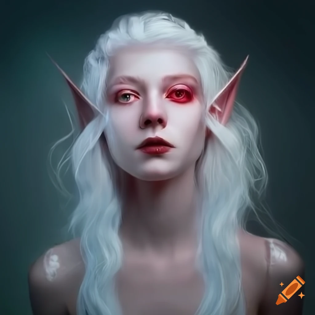 Artistic depiction of a white-haired elf with red eyes on Craiyon
