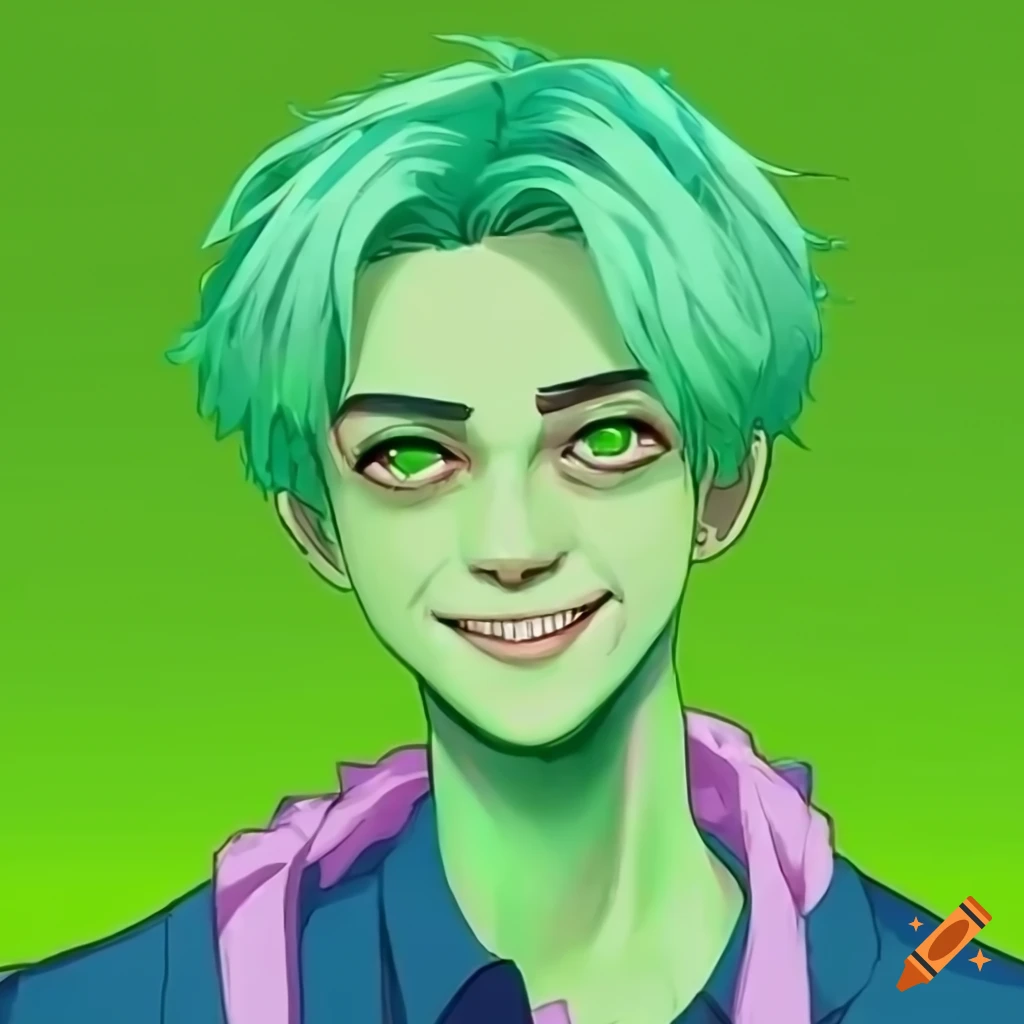 Cartoon image of a smiling green-skinned male alien on Craiyon