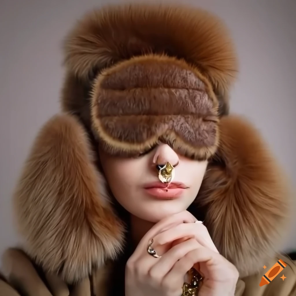 Woman wearing a fur coat and sleep mask with golden jewelry on Craiyon