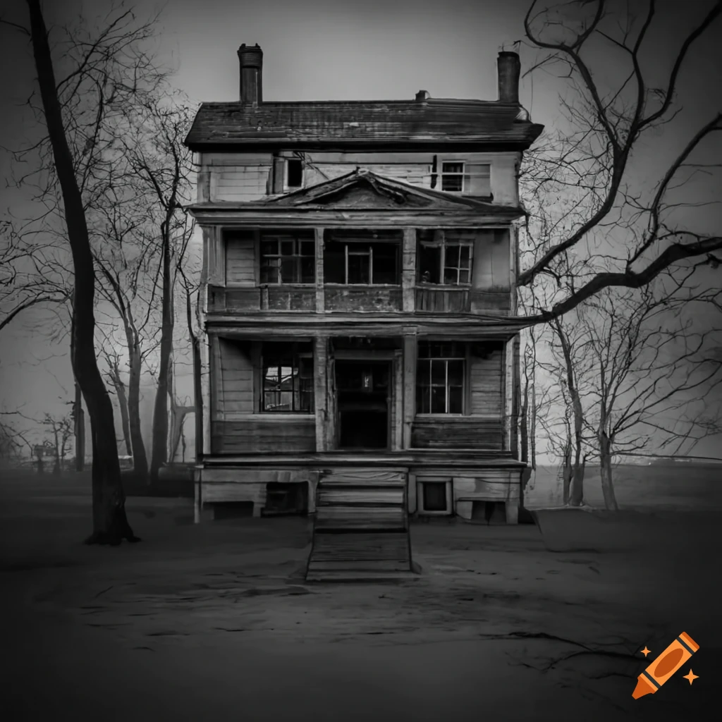 black and white image of a spooky house