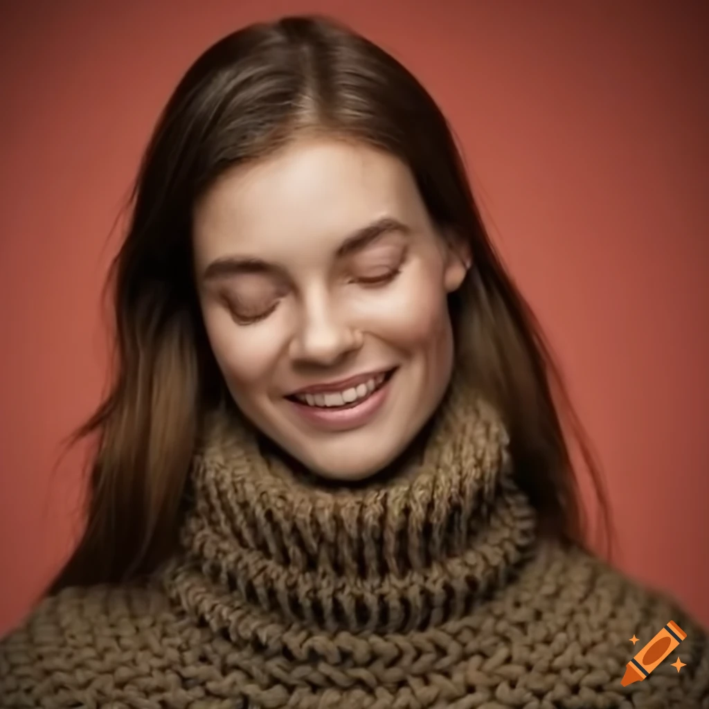 Woman in a chunky knit turtleneck sweater with closed eyes on Craiyon