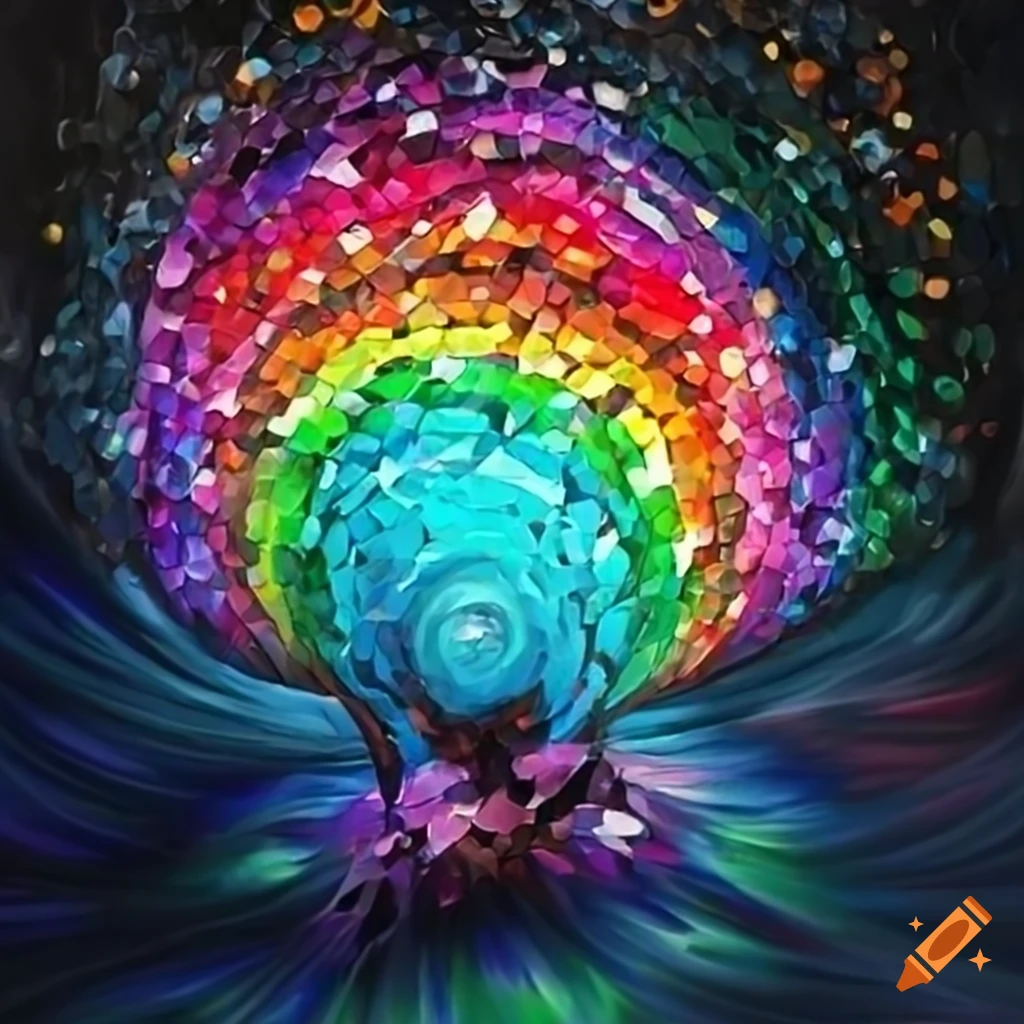Prismatic crystal monster emerging from a portal in a frame made of rainbow  crystals on Craiyon