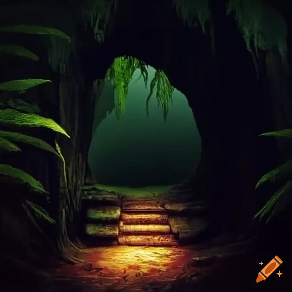 Entrance to a mysterious jungle cave on Craiyon
