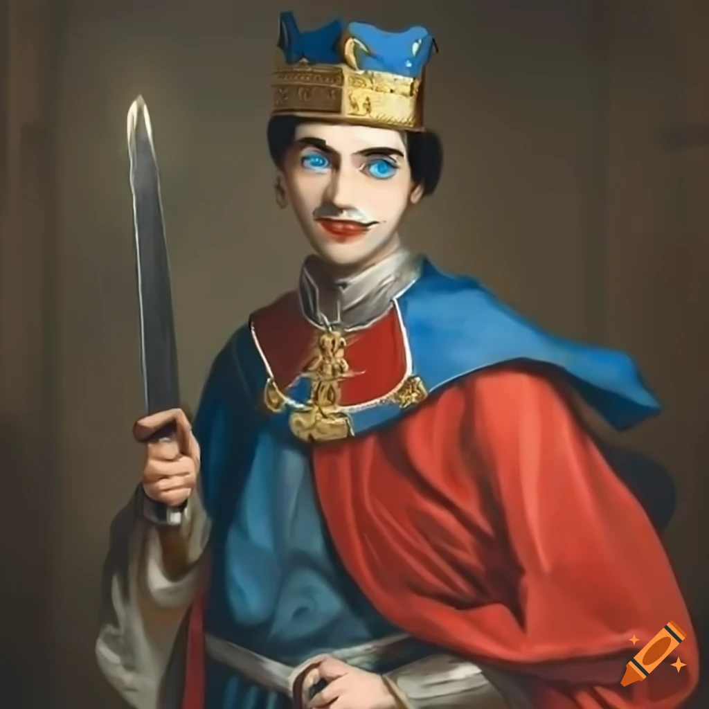 image of a young king with a sword and military men