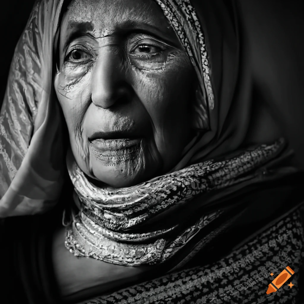 detailed black and white portrait of an Arab woman with Palestinian Kaffiyah scarf
