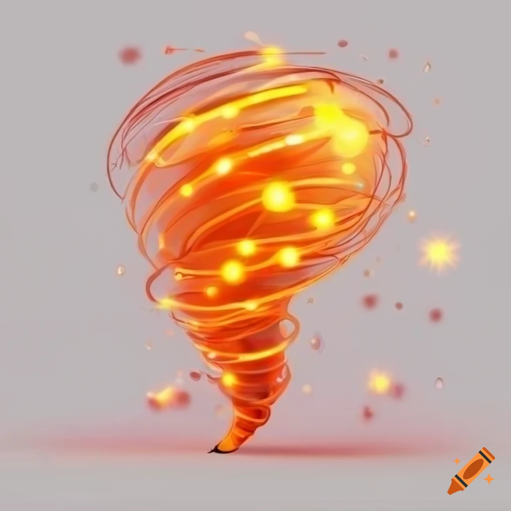 cartoon depiction of a violent tornado with orange sparkling lights