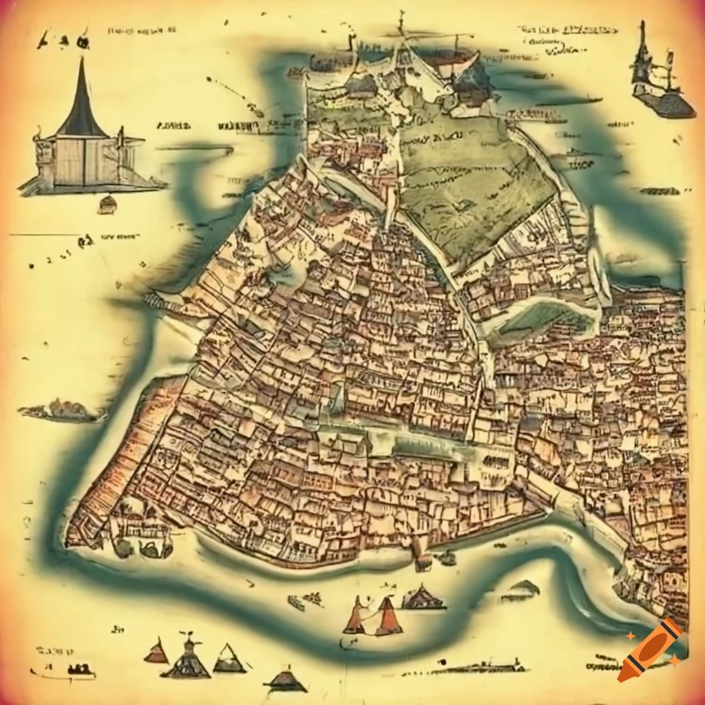 Historic map of a hanseatic city on a river island