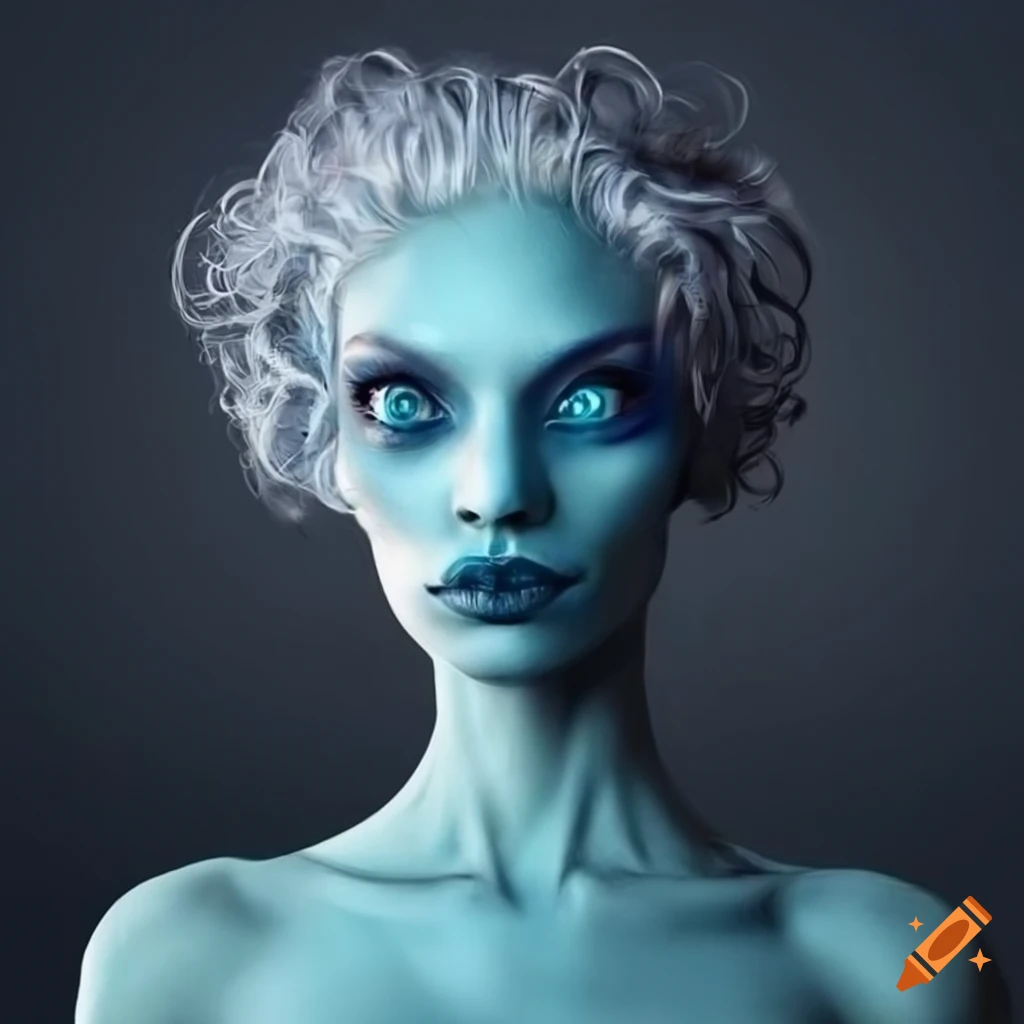 Character design of a blue-skinned alien woman with white hair on Craiyon