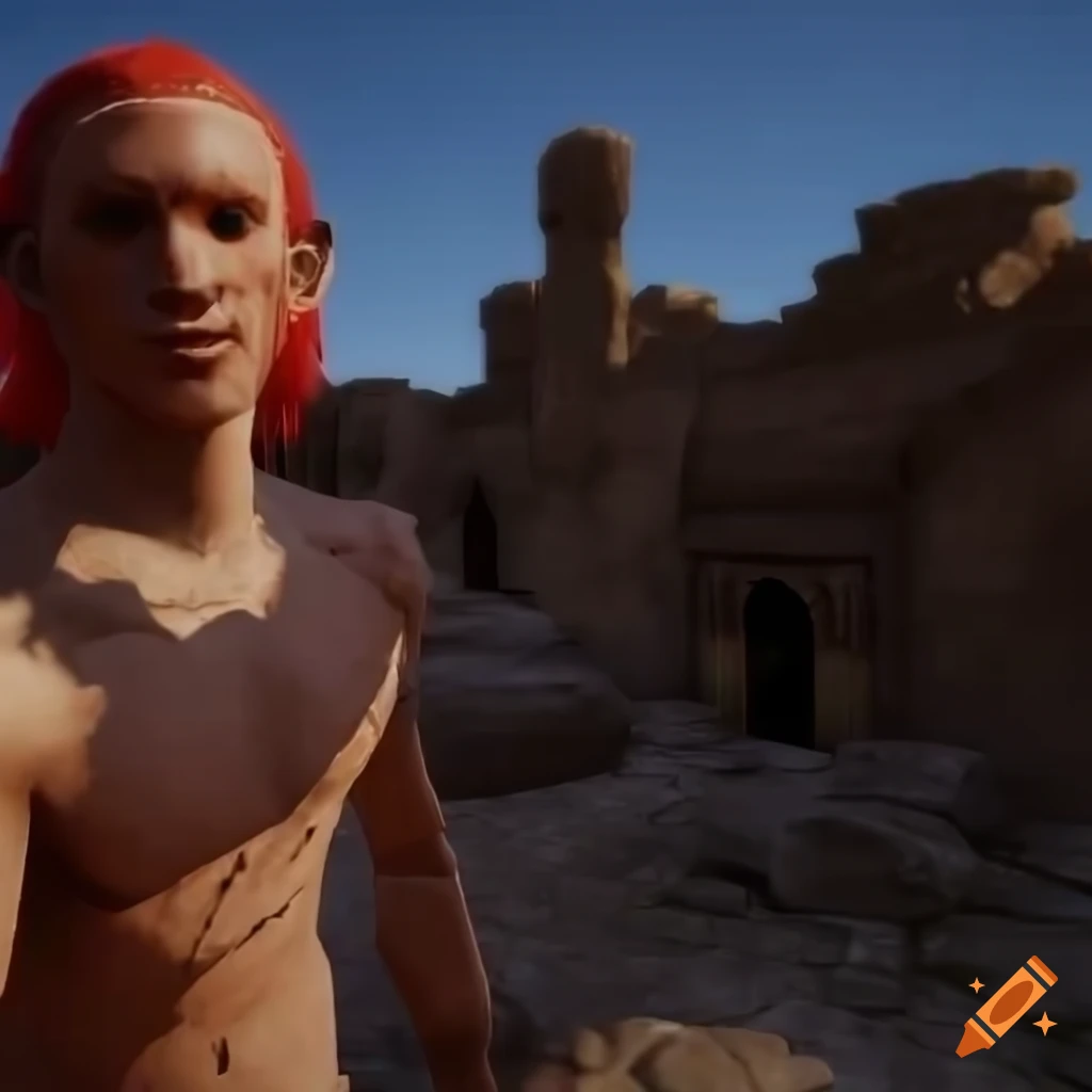 render of a pale-skinned elf warrior with red eyes and red ponytail